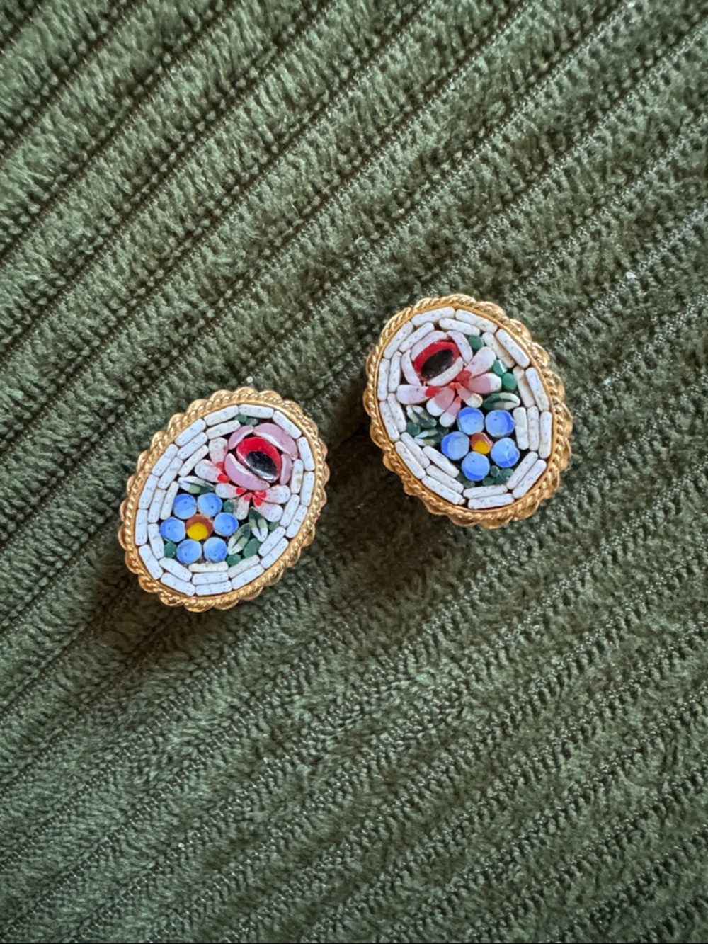 Vintage Gold-Tone Micro-Mosaic Floral Oval Earrings - Multicolor